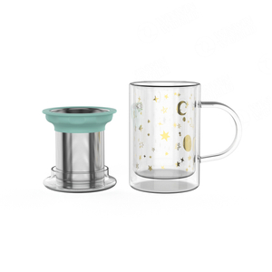 Beautiful Decal Custom Design Glass Double Wall Vintage Tea Cup With Infuser ,Tea Cups Glass Cover Saucers Easy Clean