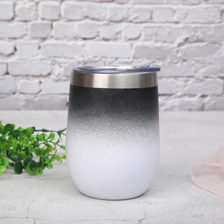 Wholesale 12oz Egg Shape Wine Cup Stainless Steel Double Wall Vacuum Insulated Stemless Wine Tumbler Mugs with Lid and Straw