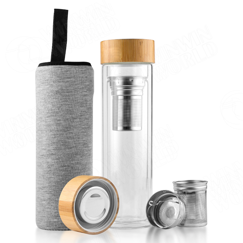 Best BPA-Free Fruit and Tea Infuser Borosilicate Glass Water Bottle with Neoprene Sleeve and Bamboo Lid, Double Mesh Filter, Travel Tumbler 20oz