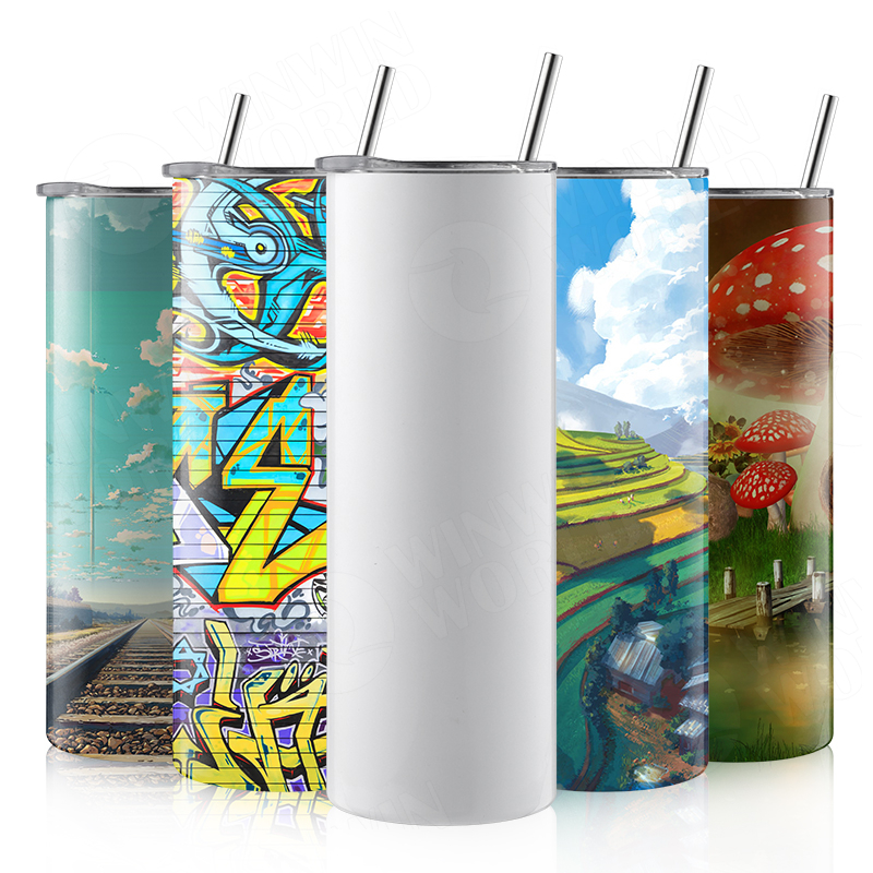 20oz Skinny White Straight Sublimation Blanks Stainless Steel Tumblers With Metal Straws