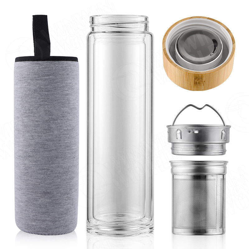 Best BPA-Free Fruit and Tea Infuser Borosilicate Glass Water Bottle with Neoprene Sleeve and Bamboo Lid, Double Mesh Filter, Travel Tumbler 20oz